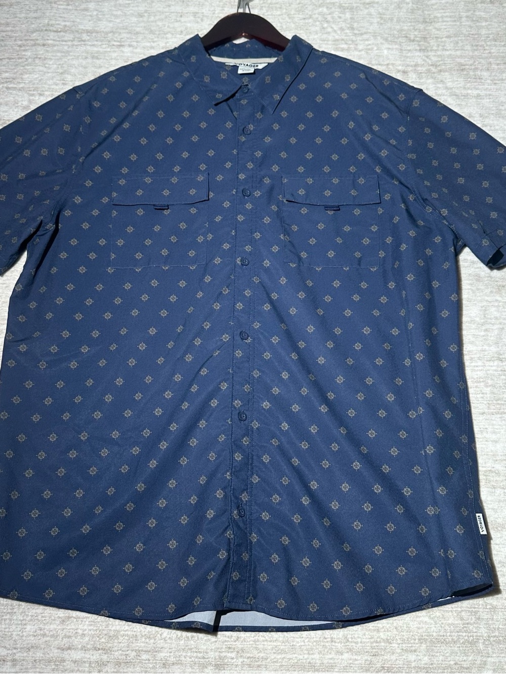 Voyager Short-Sleeve Navy Button-Down Shirt with Subtle Print